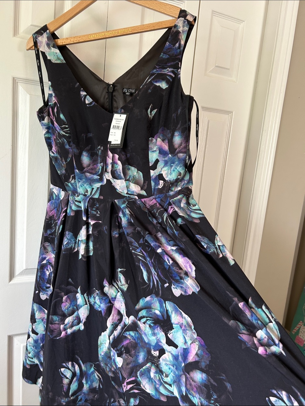 Floral V-Neck Black Dress with Blue-Purple Accents